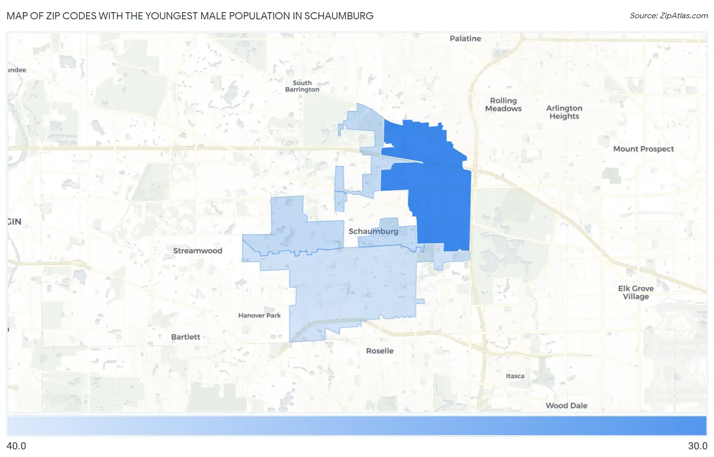 Zip Codes with the Youngest Male Population in Schaumburg Map