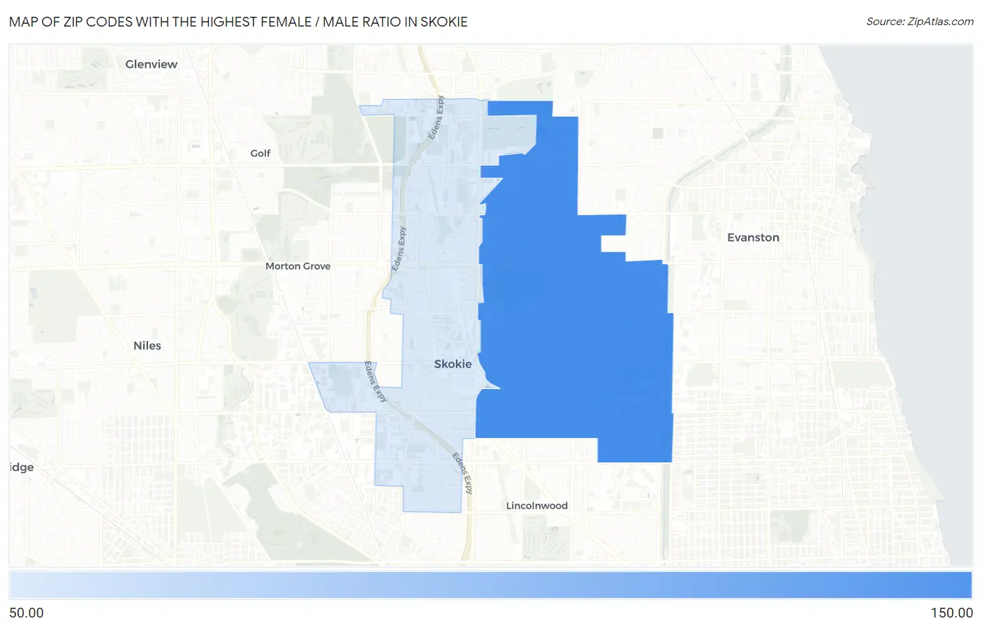 Zip Codes with the Highest Female / Male Ratio in Skokie Map