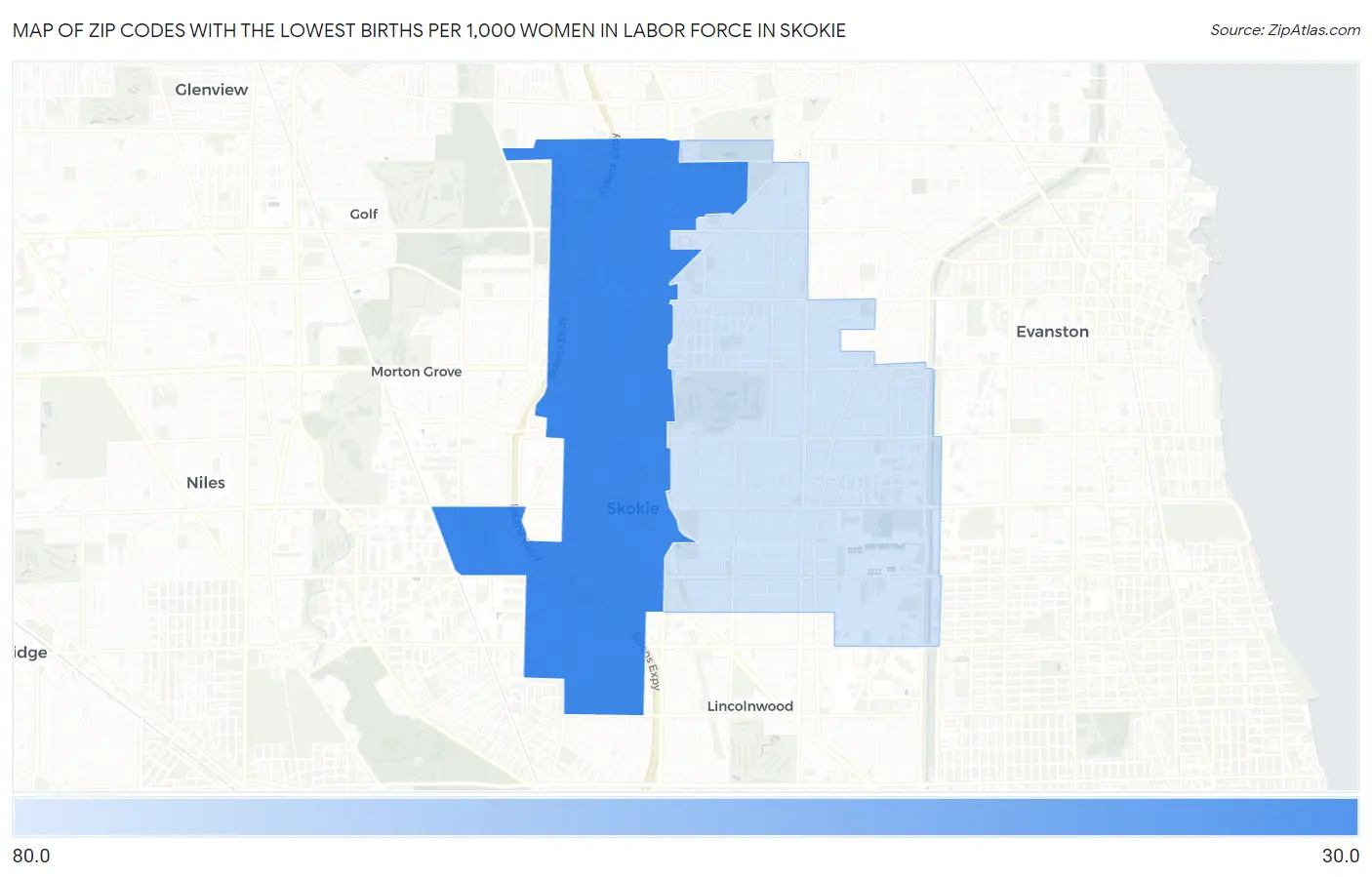 Zip Codes with the Lowest Births per 1,000 Women in Labor Force in Skokie Map