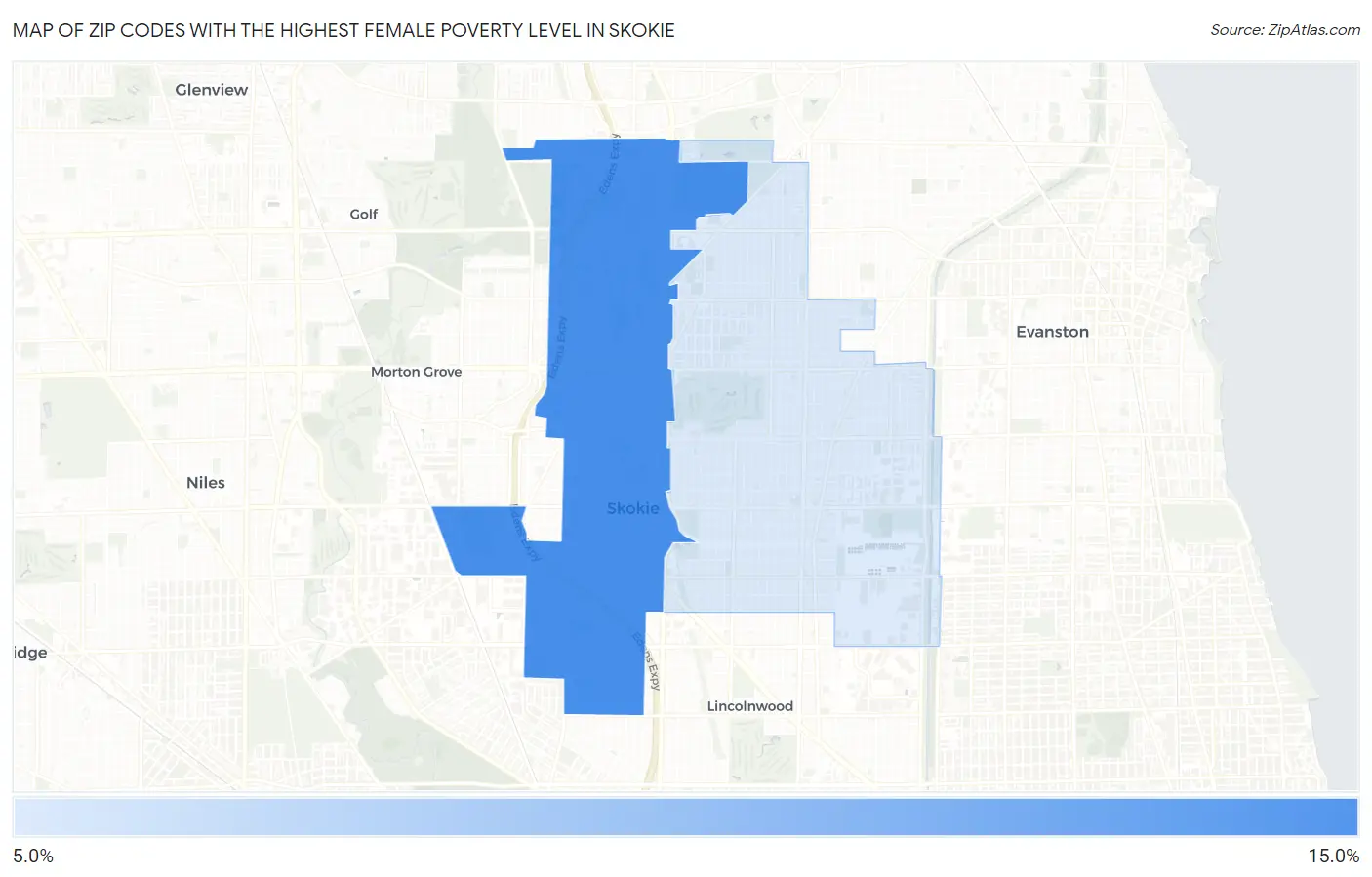 Zip Codes with the Highest Female Poverty Level in Skokie Map
