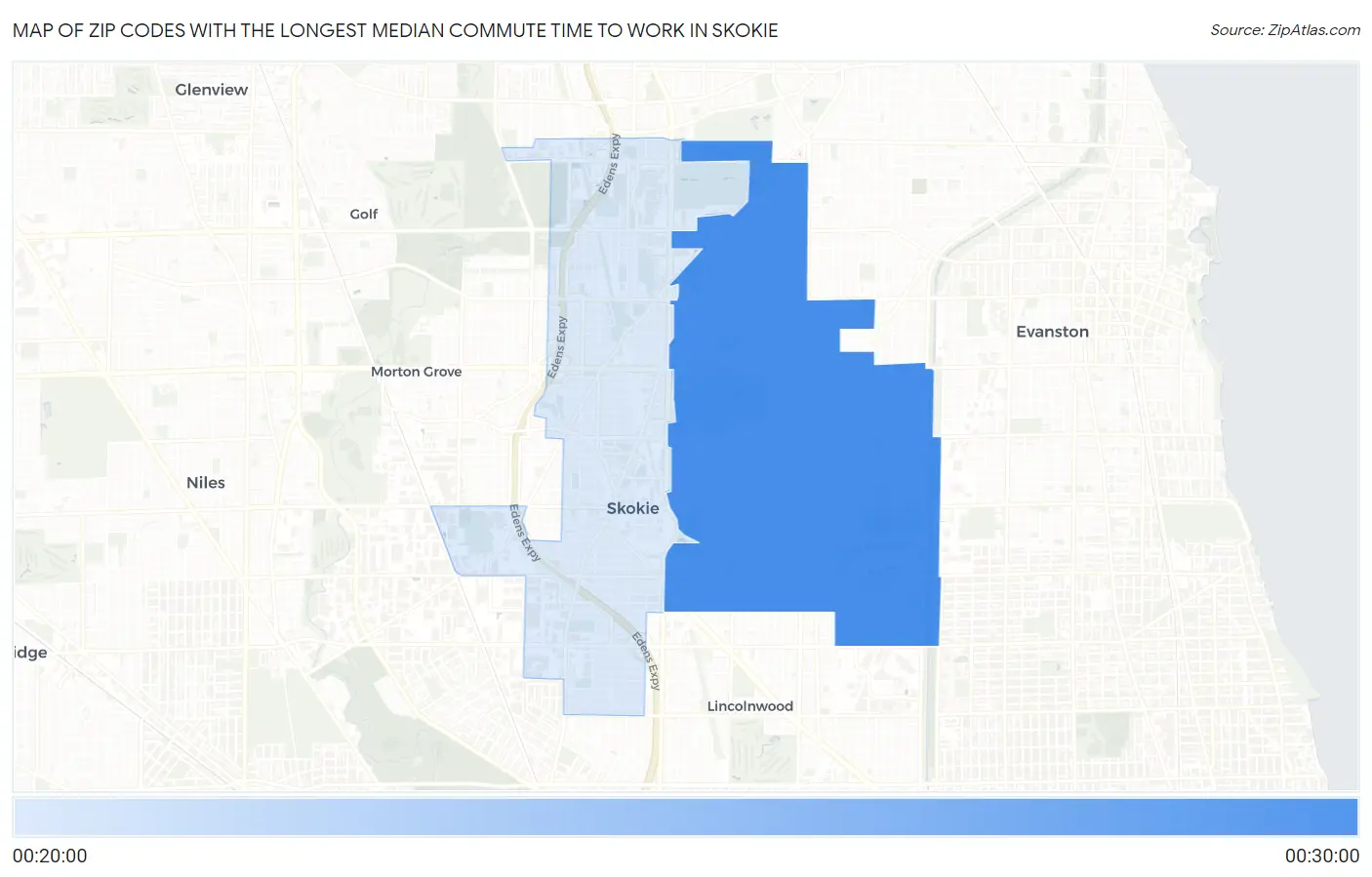 Zip Codes with the Longest Median Commute Time to Work in Skokie Map