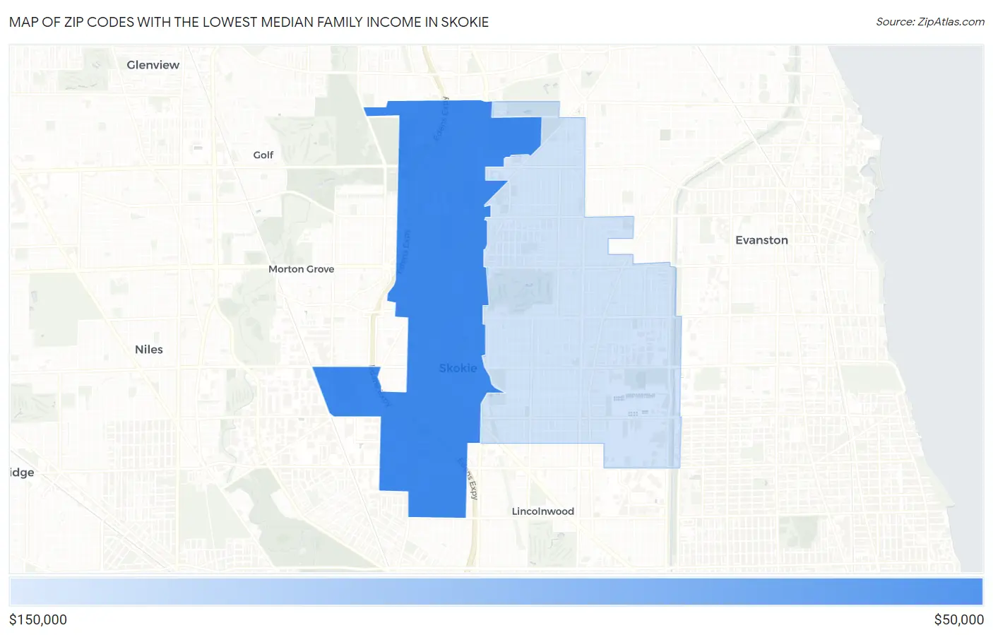 Zip Codes with the Lowest Median Family Income in Skokie Map