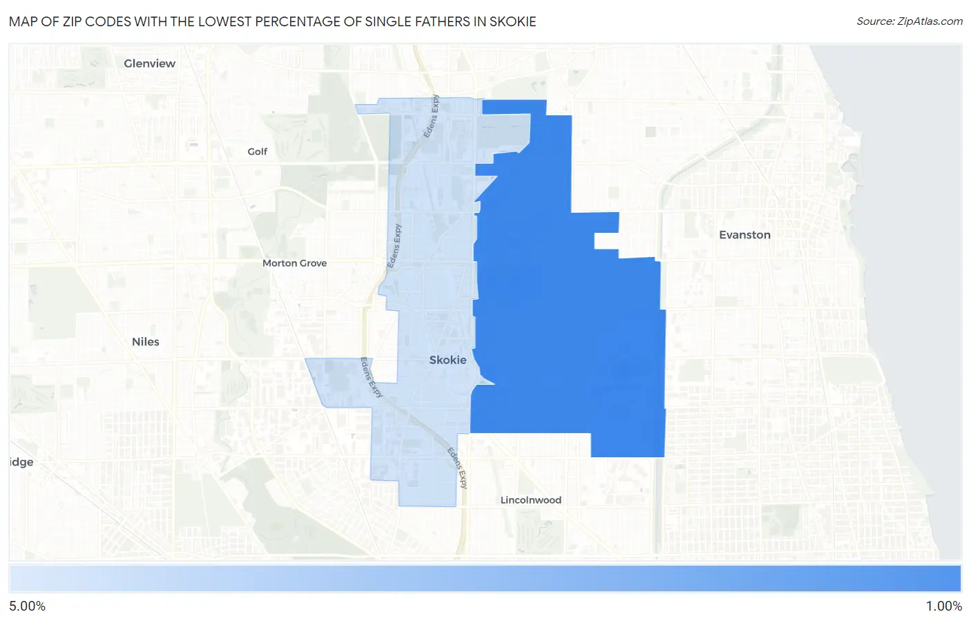 Zip Codes with the Lowest Percentage of Single Fathers in Skokie Map