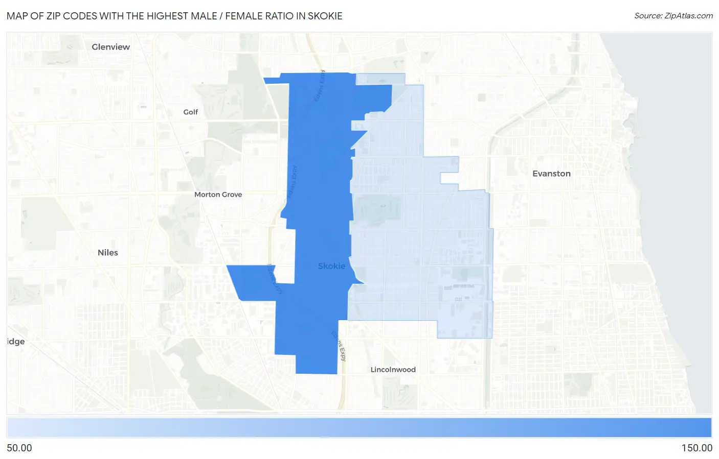 Zip Codes with the Highest Male / Female Ratio in Skokie Map