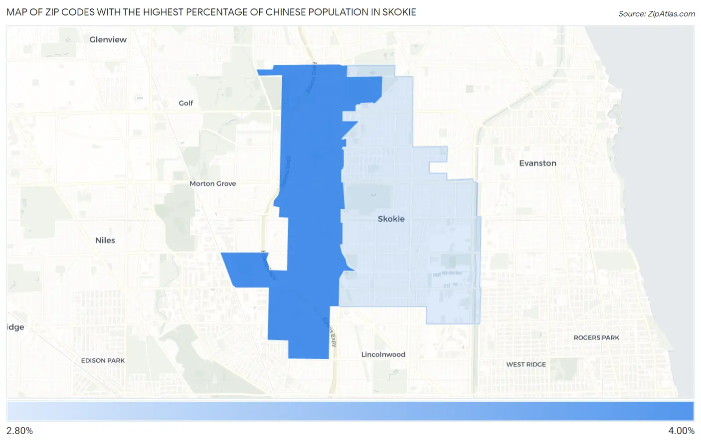 Zip Codes with the Highest Percentage of Chinese Population in Skokie Map