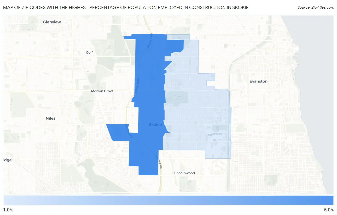 Zip Codes with the Highest Percentage of Population Employed in Construction in Skokie Map