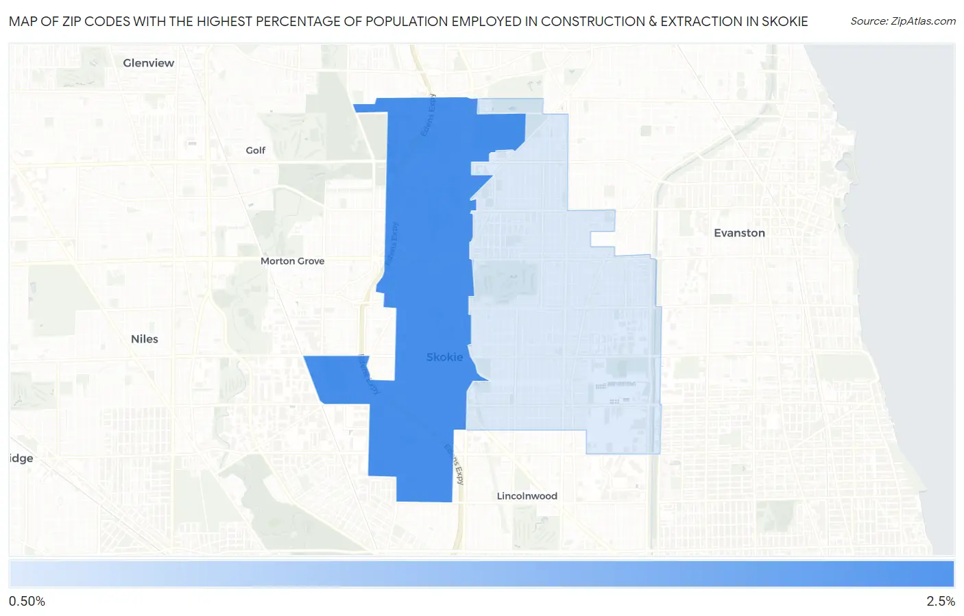 Zip Codes with the Highest Percentage of Population Employed in Construction & Extraction in Skokie Map