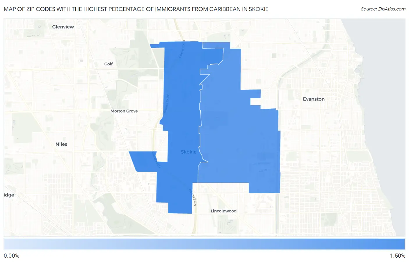 Zip Codes with the Highest Percentage of Immigrants from Caribbean in Skokie Map