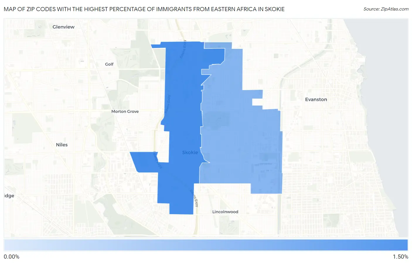 Zip Codes with the Highest Percentage of Immigrants from Eastern Africa in Skokie Map