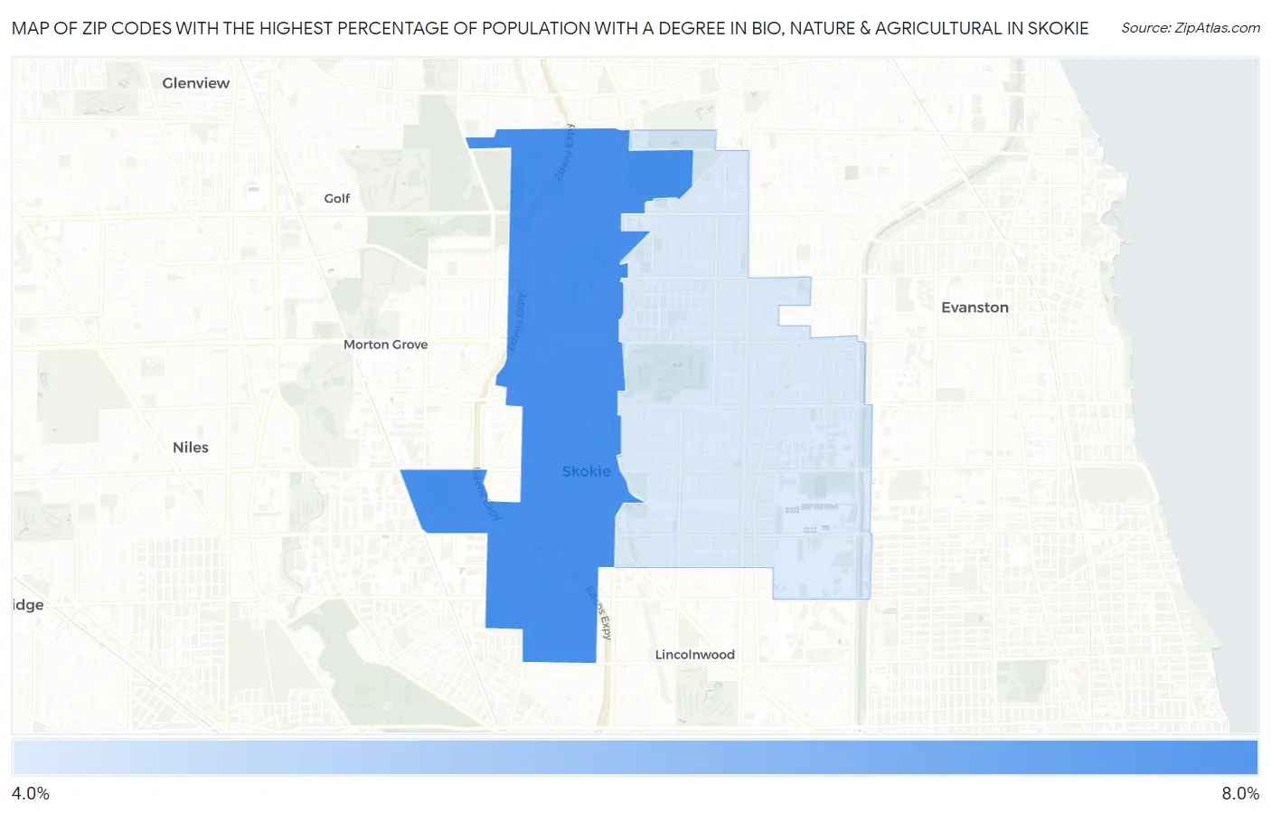 Zip Codes with the Highest Percentage of Population with a Degree in Bio, Nature & Agricultural in Skokie Map