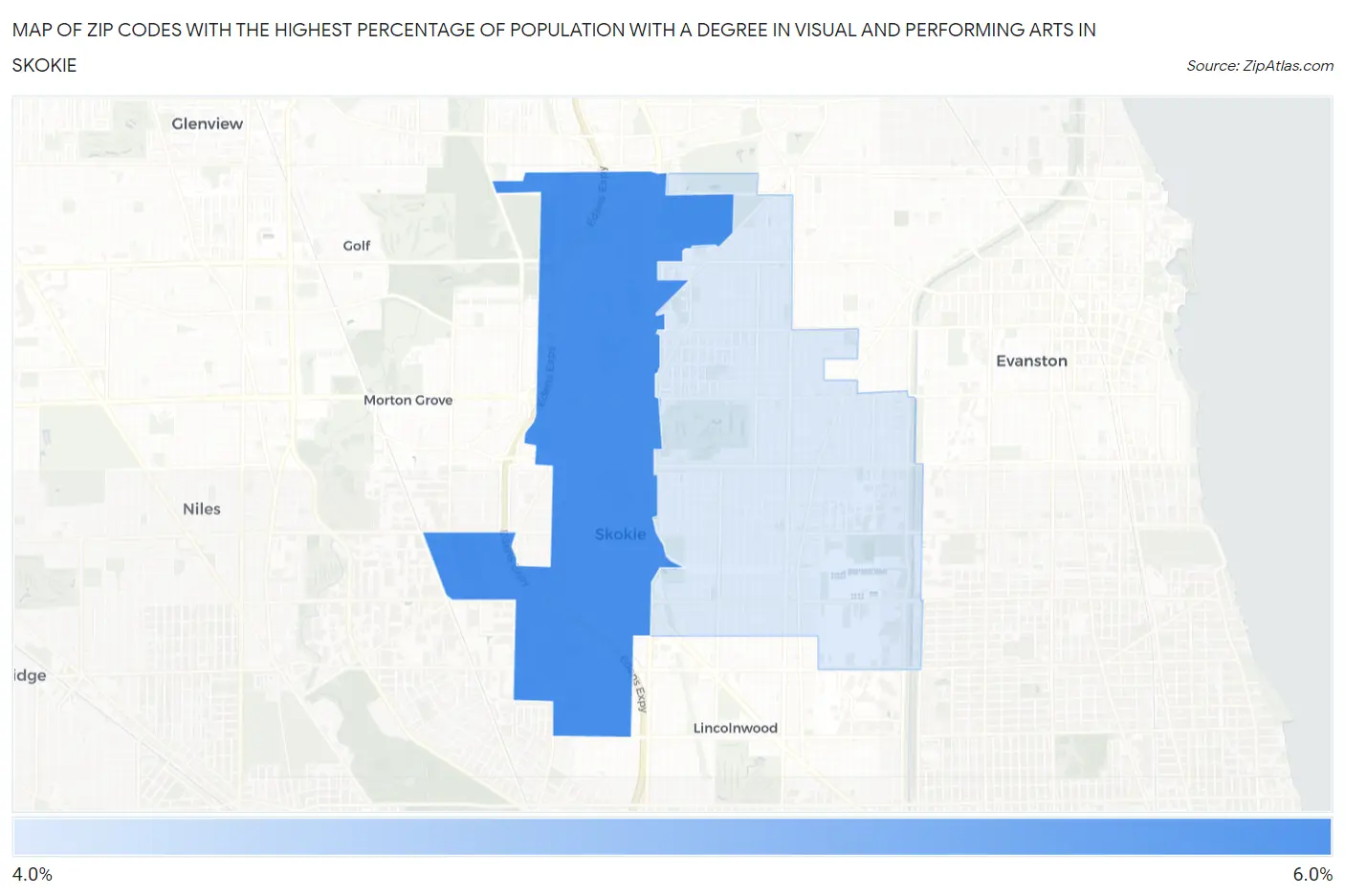 Zip Codes with the Highest Percentage of Population with a Degree in Visual and Performing Arts in Skokie Map