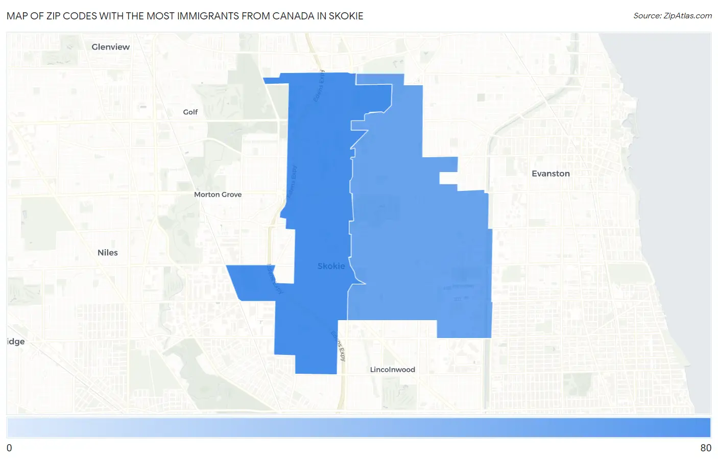 Zip Codes with the Most Immigrants from Canada in Skokie Map