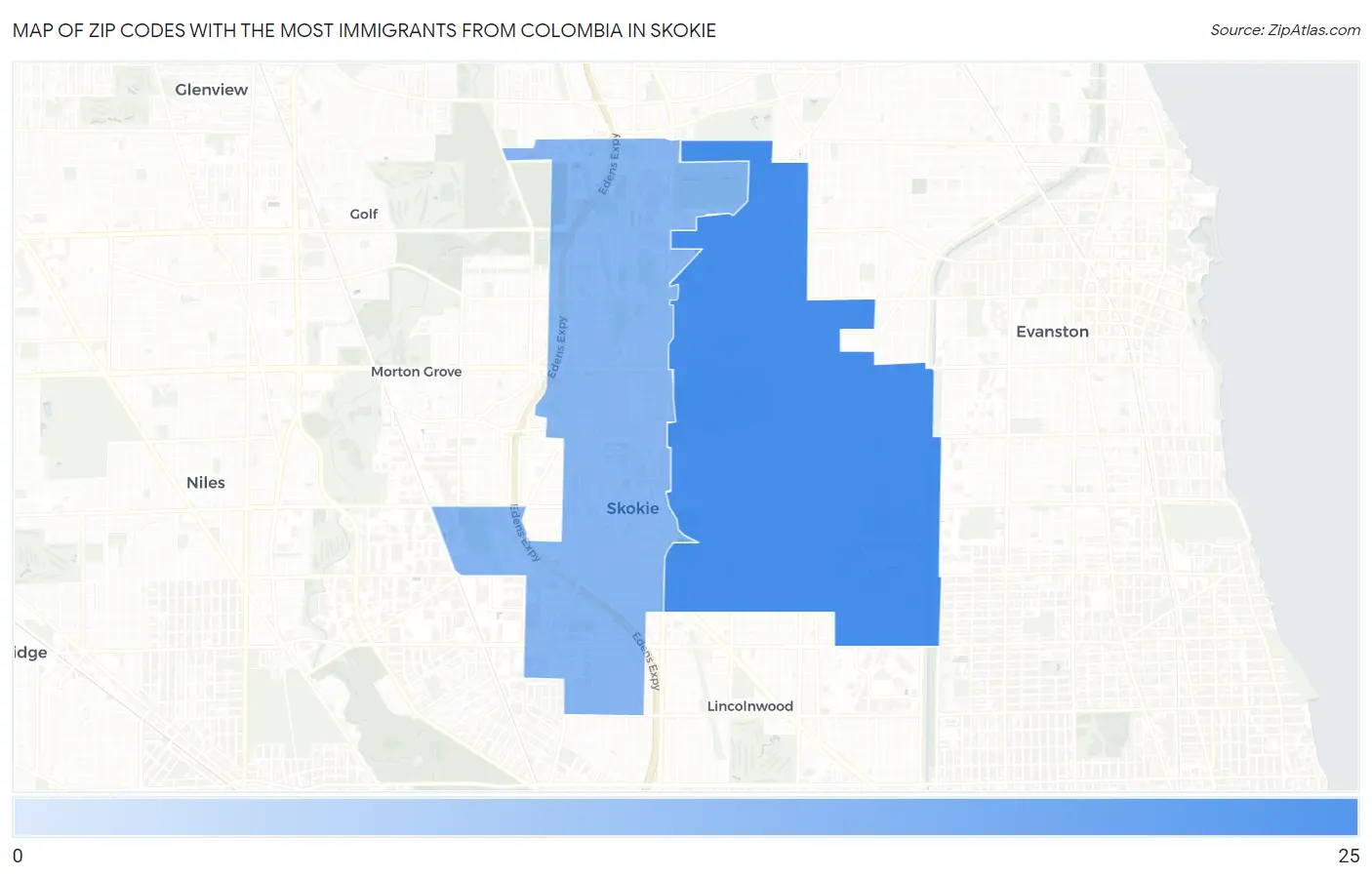 Zip Codes with the Most Immigrants from Colombia in Skokie Map