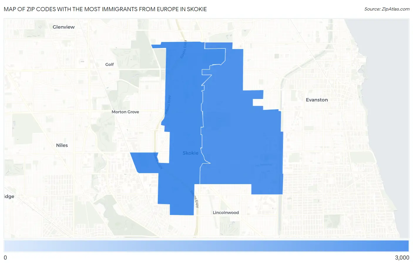 Zip Codes with the Most Immigrants from Europe in Skokie Map