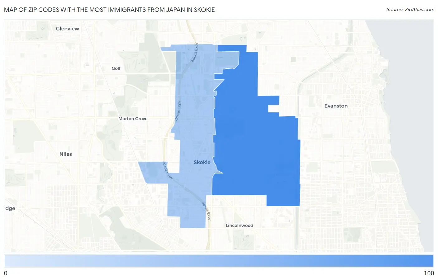 Zip Codes with the Most Immigrants from Japan in Skokie Map
