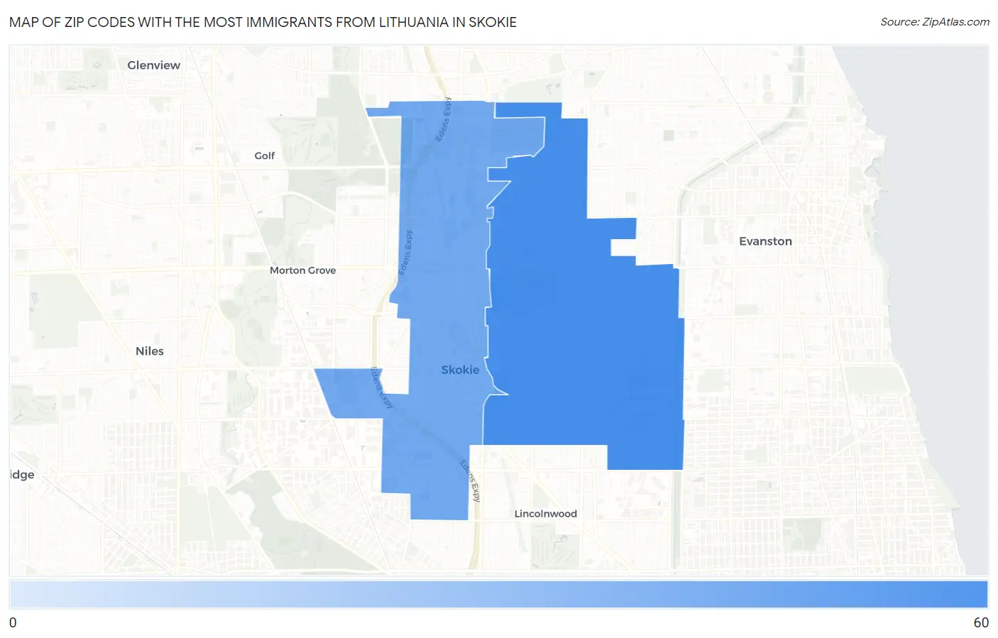 Zip Codes with the Most Immigrants from Lithuania in Skokie Map