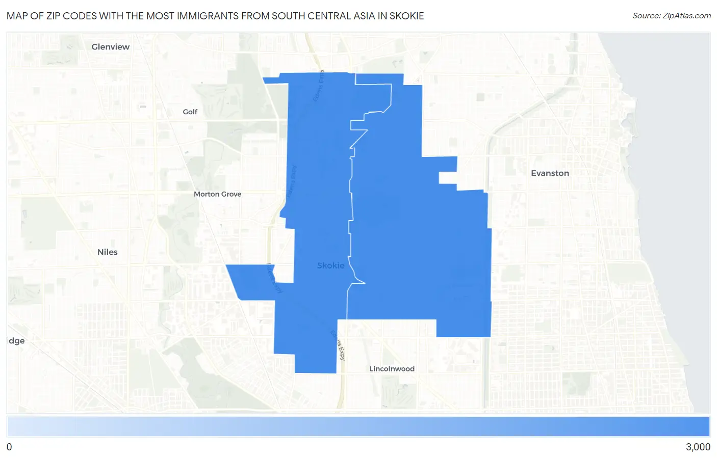 Zip Codes with the Most Immigrants from South Central Asia in Skokie Map
