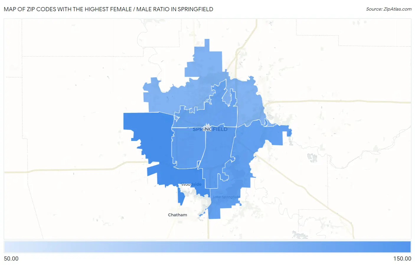 Zip Codes with the Highest Female / Male Ratio in Springfield Map