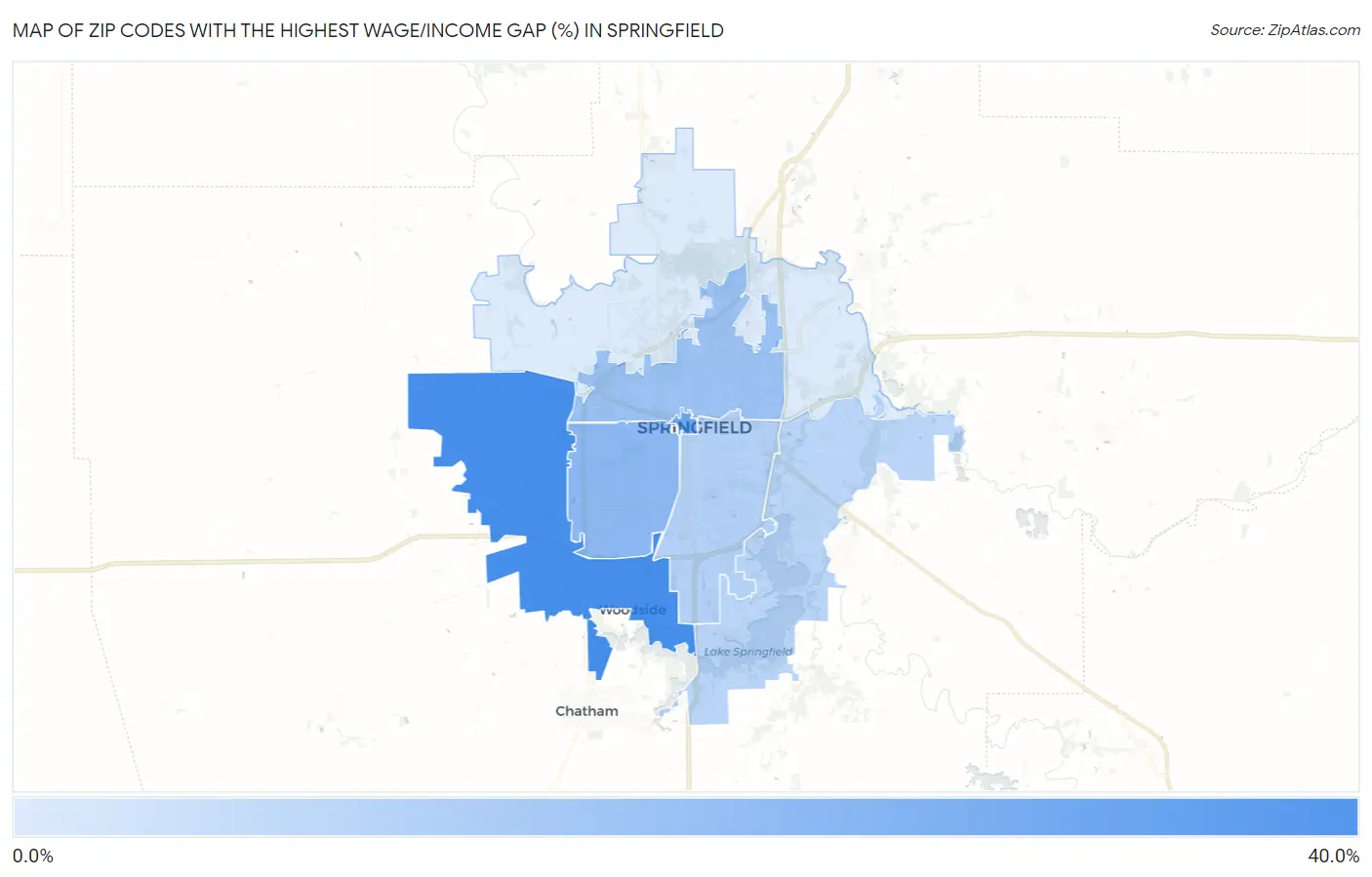 Zip Codes with the Highest Wage/Income Gap (%) in Springfield Map