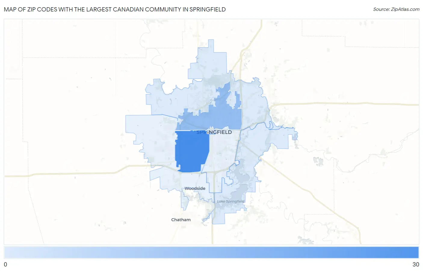 Zip Codes with the Largest Canadian Community in Springfield Map