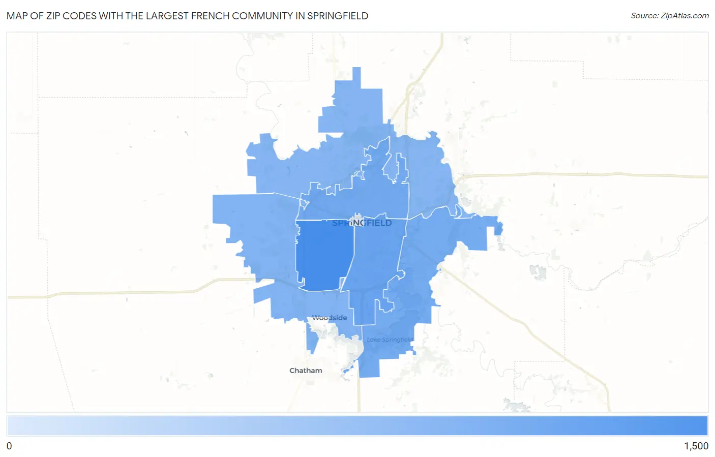 Zip Codes with the Largest French Community in Springfield Map