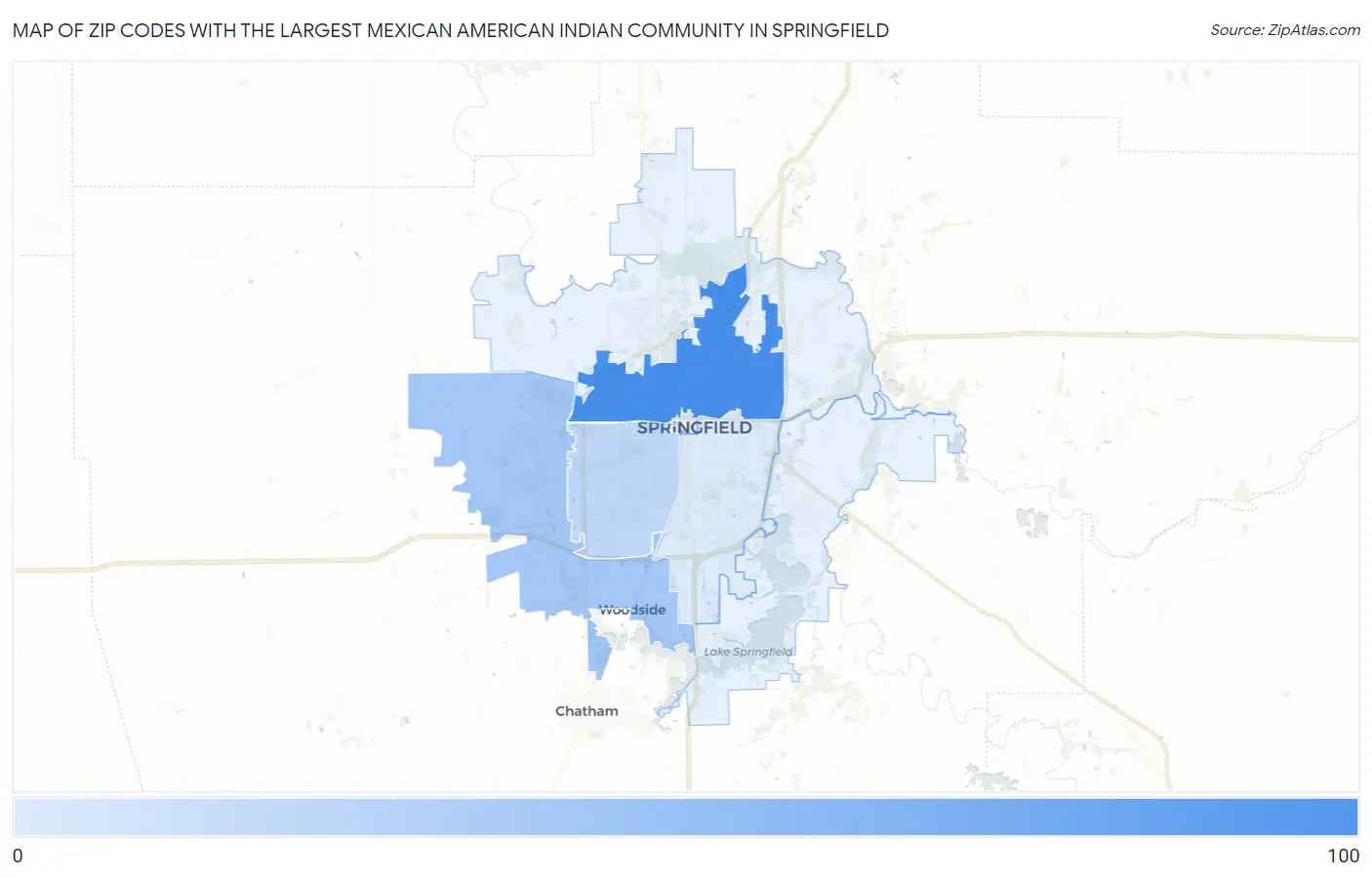 Zip Codes with the Largest Mexican American Indian Community in Springfield Map