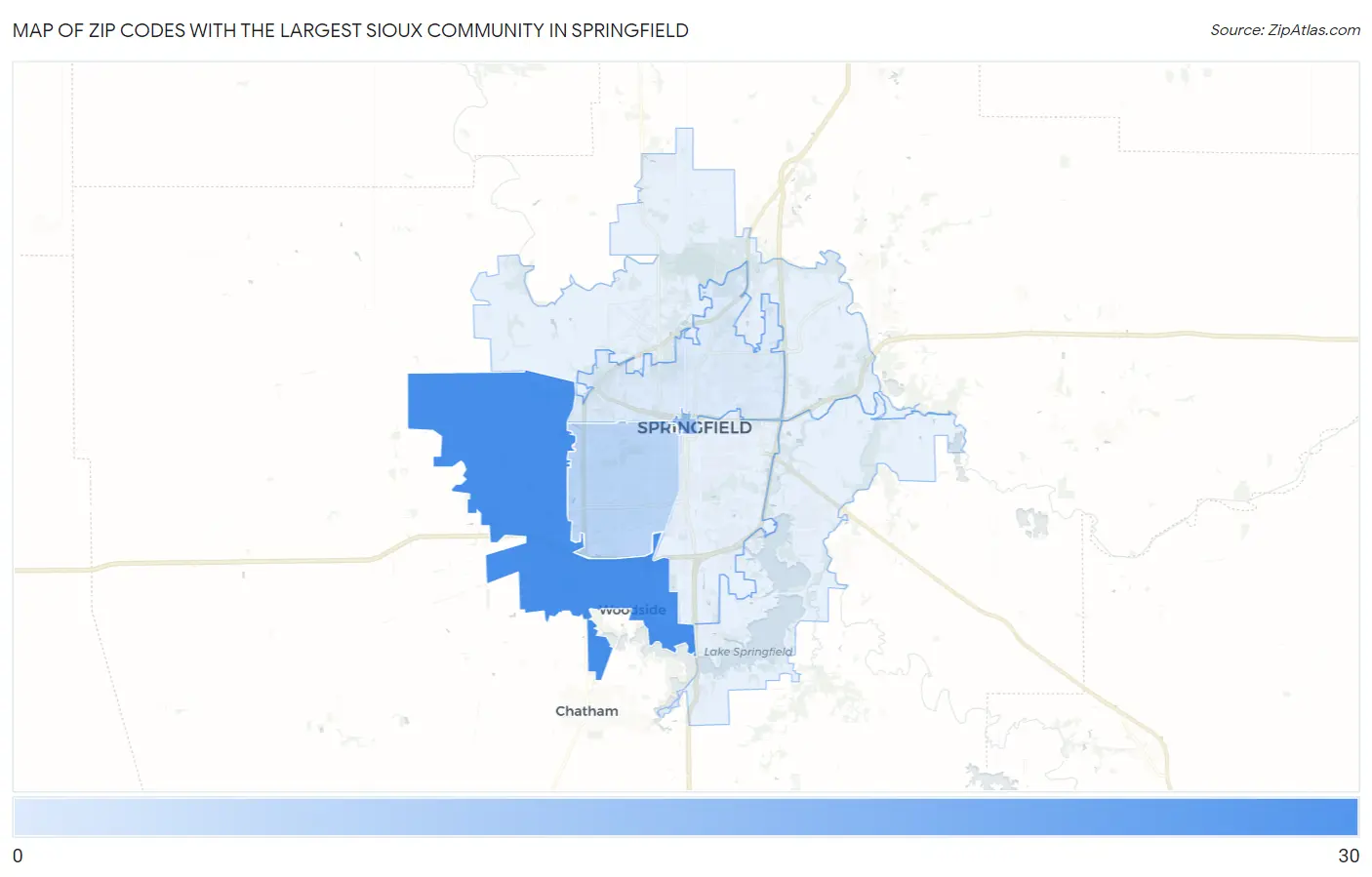 Zip Codes with the Largest Sioux Community in Springfield Map