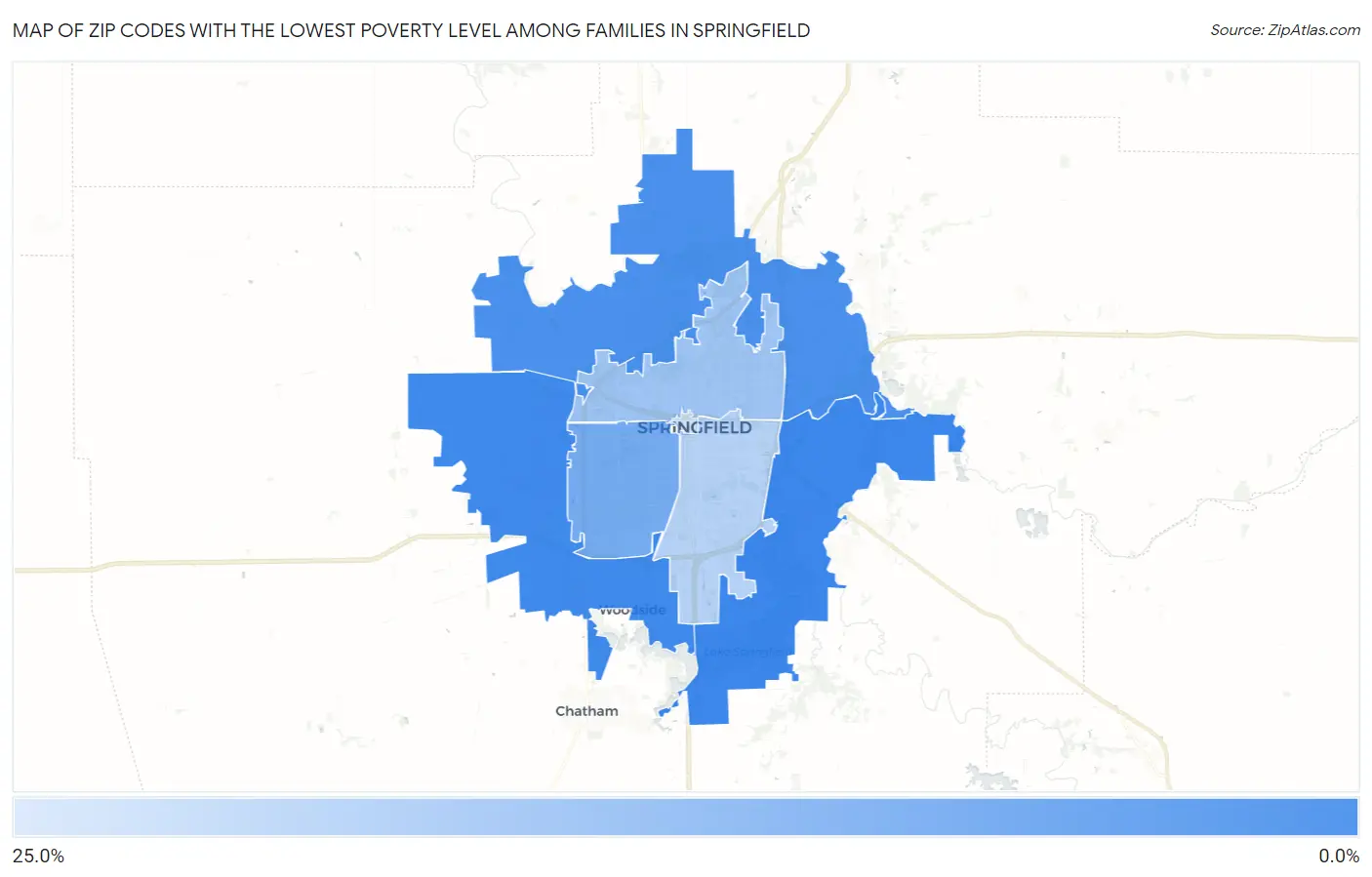 Zip Codes with the Lowest Poverty Level Among Families in Springfield Map
