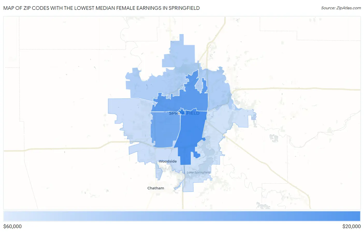 Zip Codes with the Lowest Median Female Earnings in Springfield Map