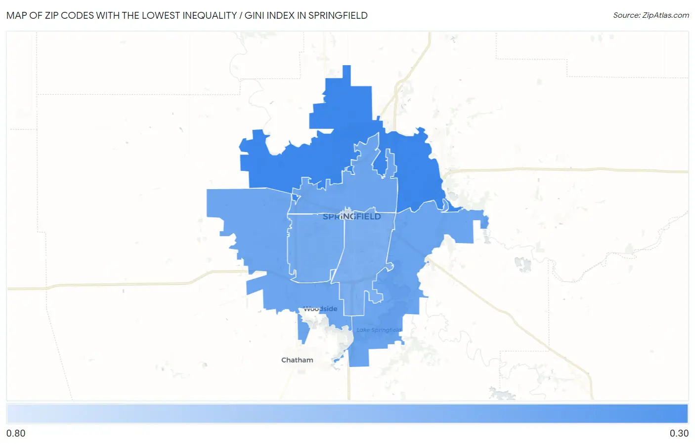 Zip Codes with the Lowest Inequality / Gini Index in Springfield Map