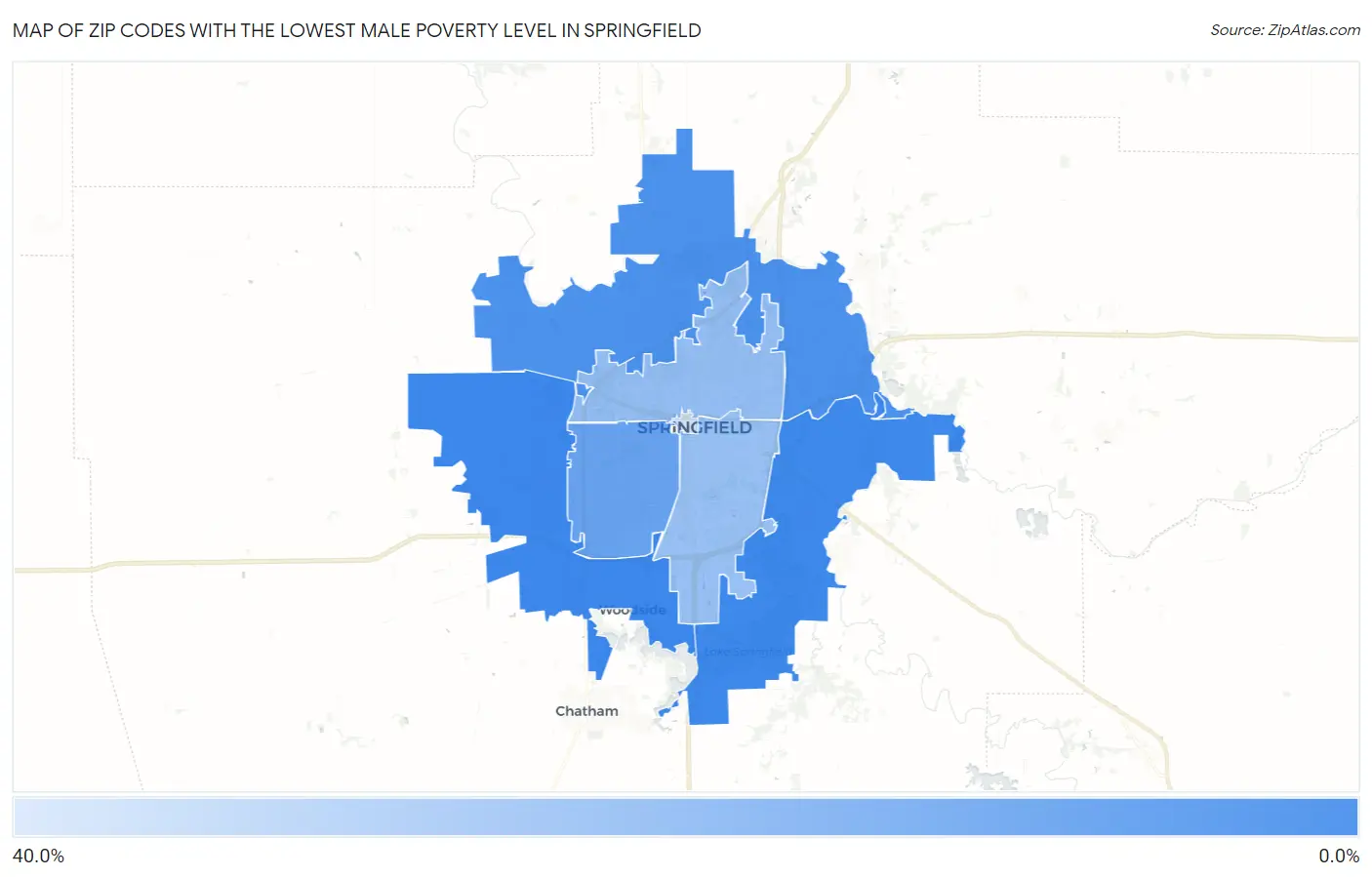 Zip Codes with the Lowest Male Poverty Level in Springfield Map