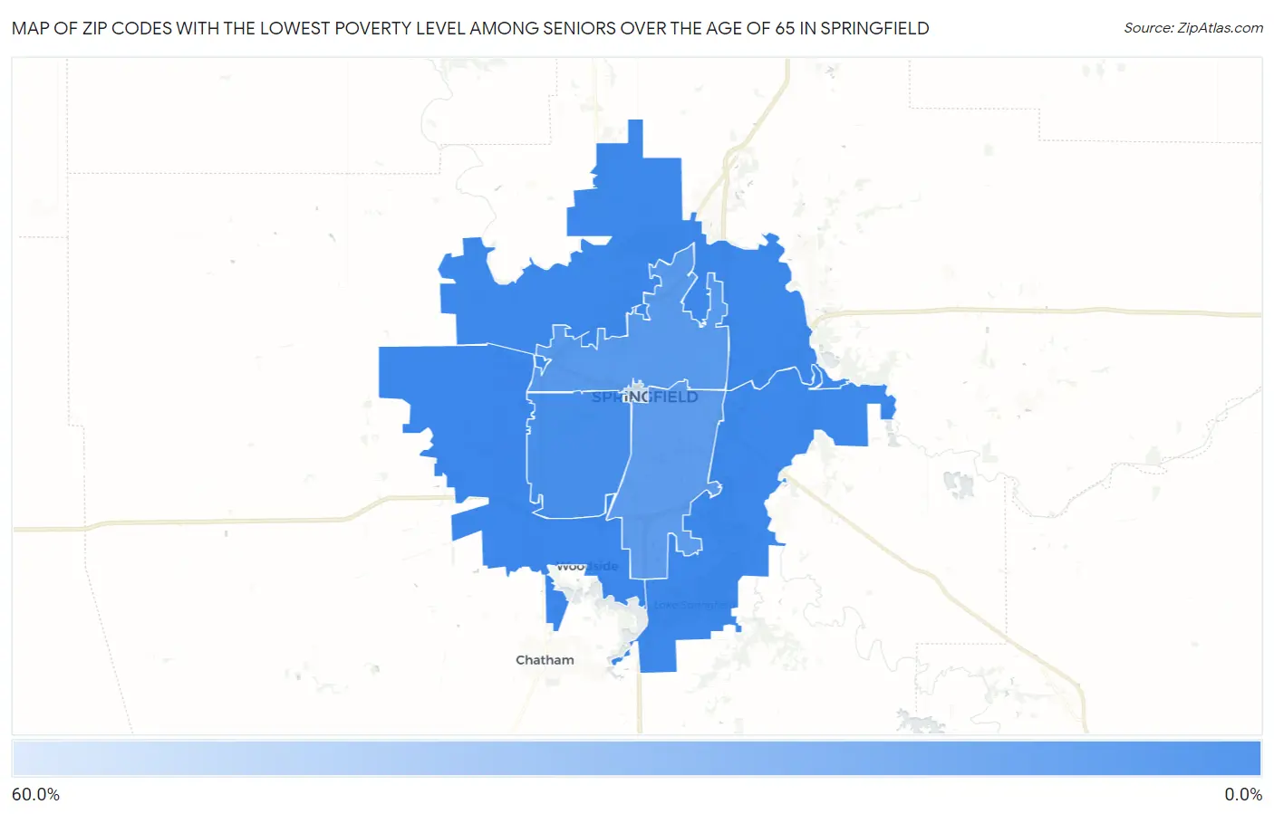 Zip Codes with the Lowest Poverty Level Among Seniors Over the Age of 65 in Springfield Map