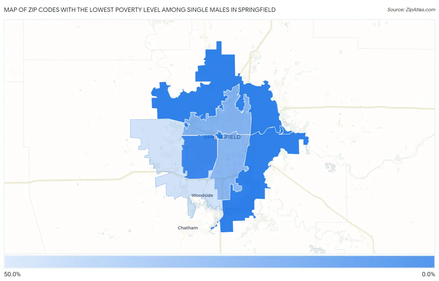 Zip Codes with the Lowest Poverty Level Among Single Males in Springfield Map