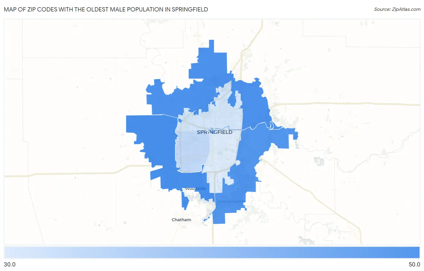Zip Codes with the Oldest Male Population in Springfield Map