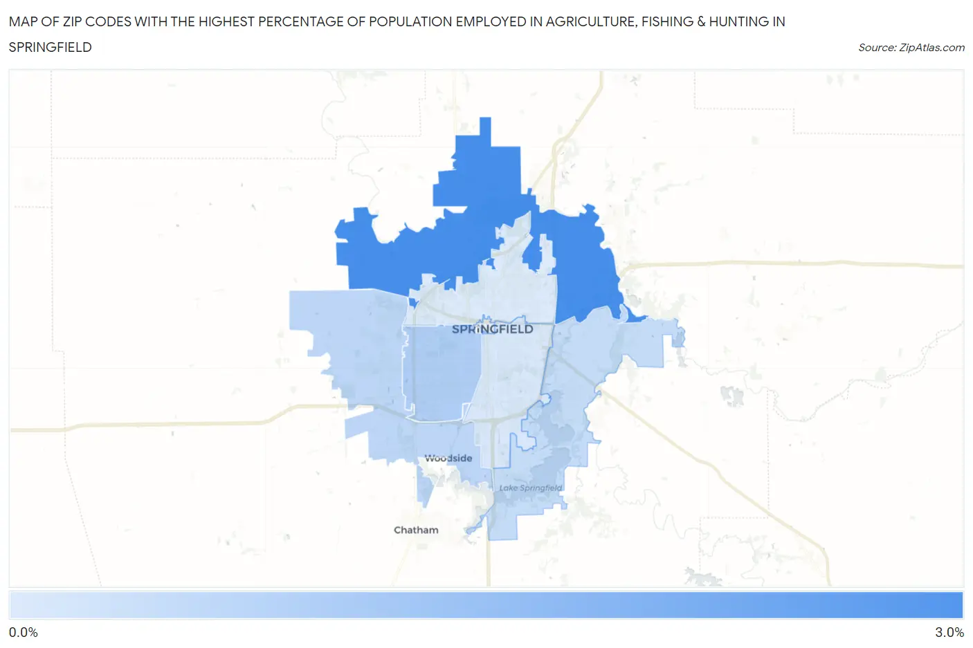 Zip Codes with the Highest Percentage of Population Employed in Agriculture, Fishing & Hunting in Springfield Map