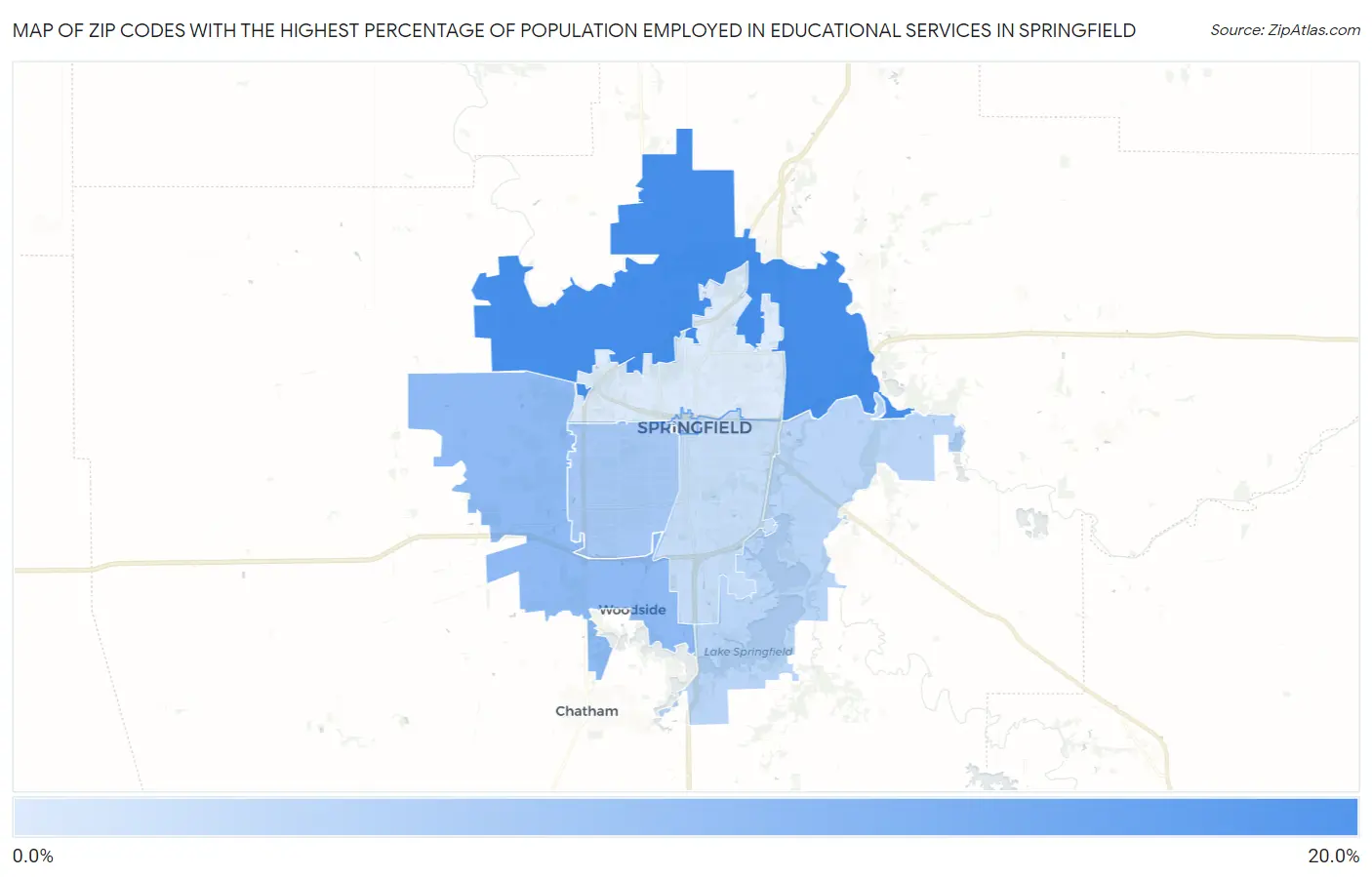 Zip Codes with the Highest Percentage of Population Employed in Educational Services in Springfield Map