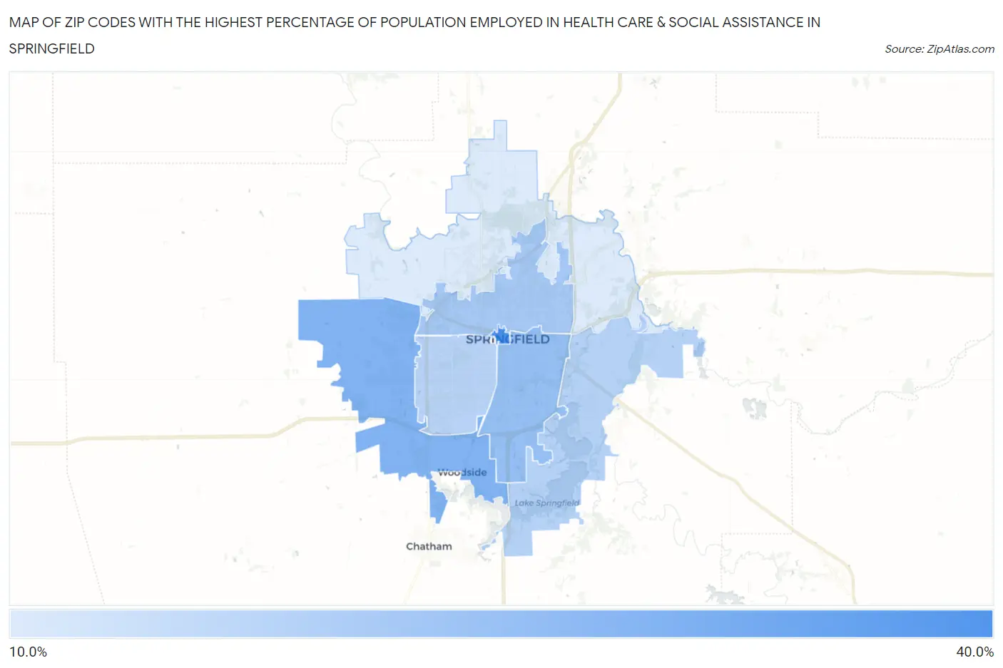 Zip Codes with the Highest Percentage of Population Employed in Health Care & Social Assistance in Springfield Map
