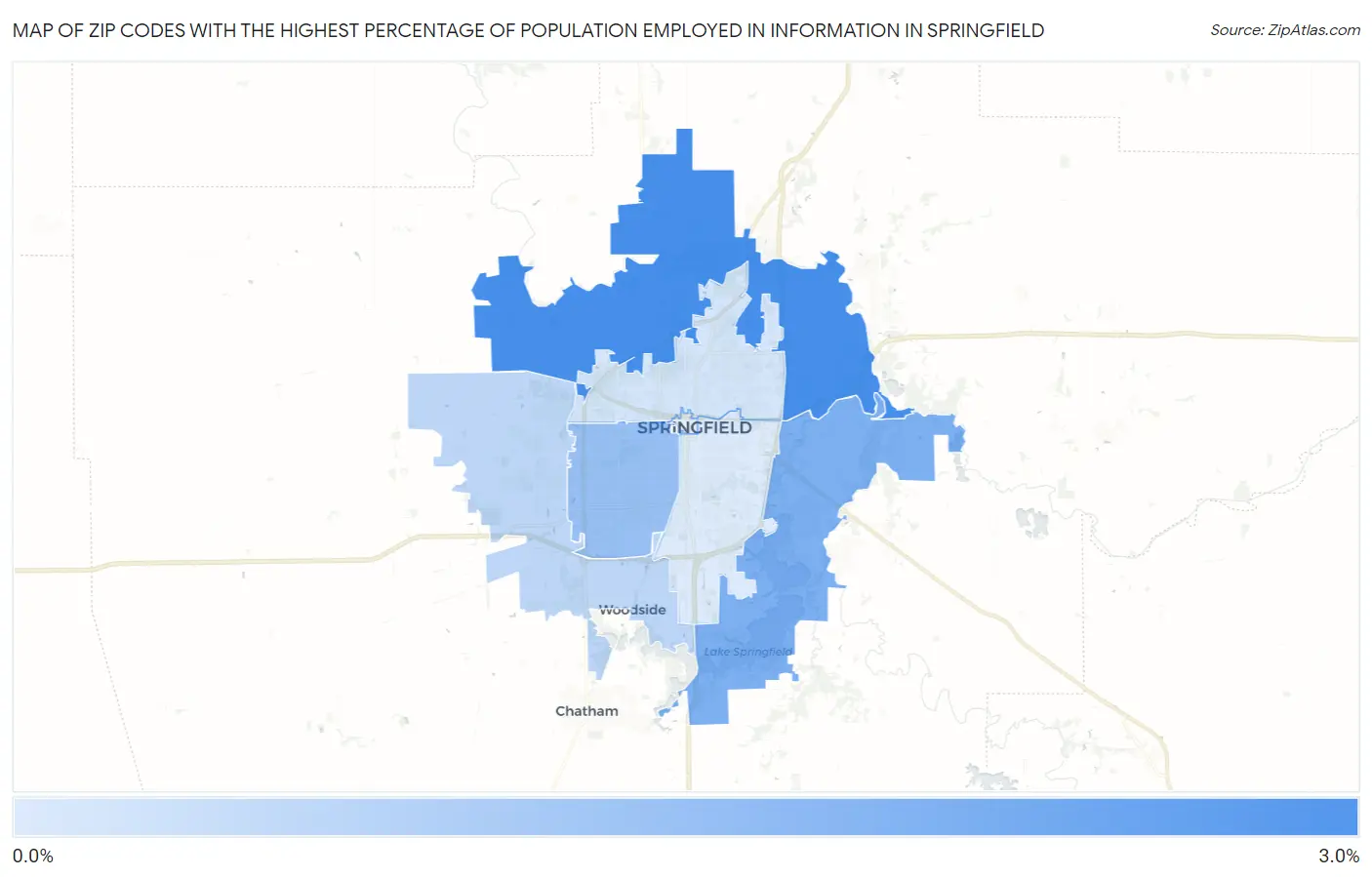 Zip Codes with the Highest Percentage of Population Employed in Information in Springfield Map
