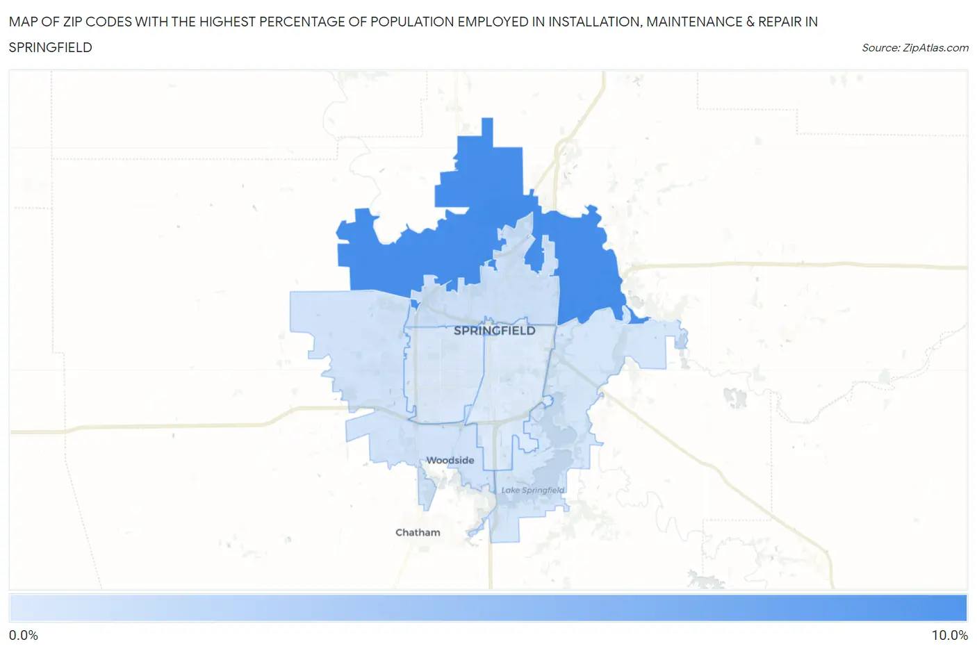 Zip Codes with the Highest Percentage of Population Employed in Installation, Maintenance & Repair in Springfield Map