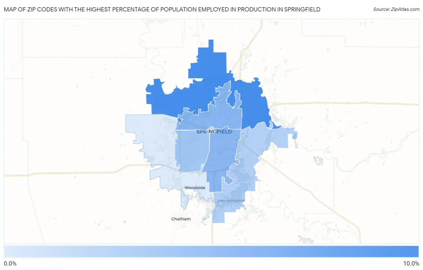 Zip Codes with the Highest Percentage of Population Employed in Production in Springfield Map
