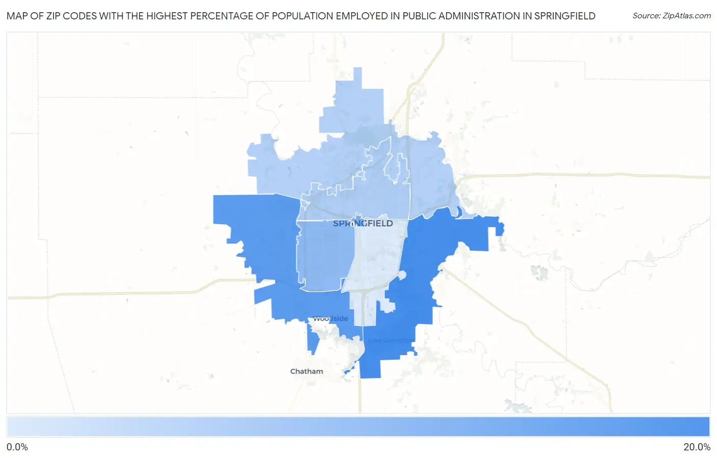 Zip Codes with the Highest Percentage of Population Employed in Public Administration in Springfield Map
