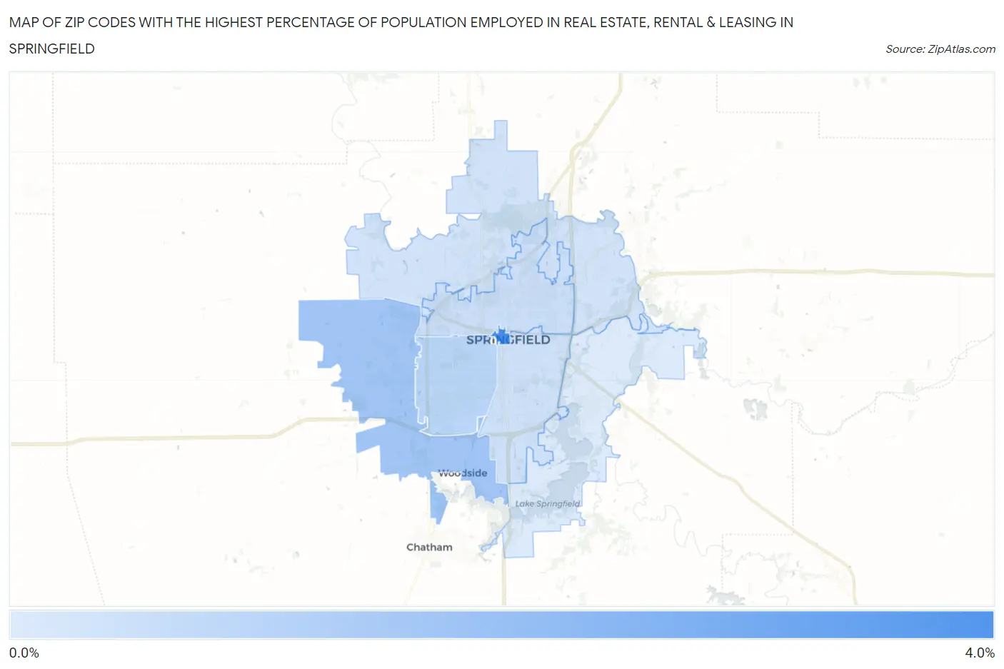 Zip Codes with the Highest Percentage of Population Employed in Real Estate, Rental & Leasing in Springfield Map