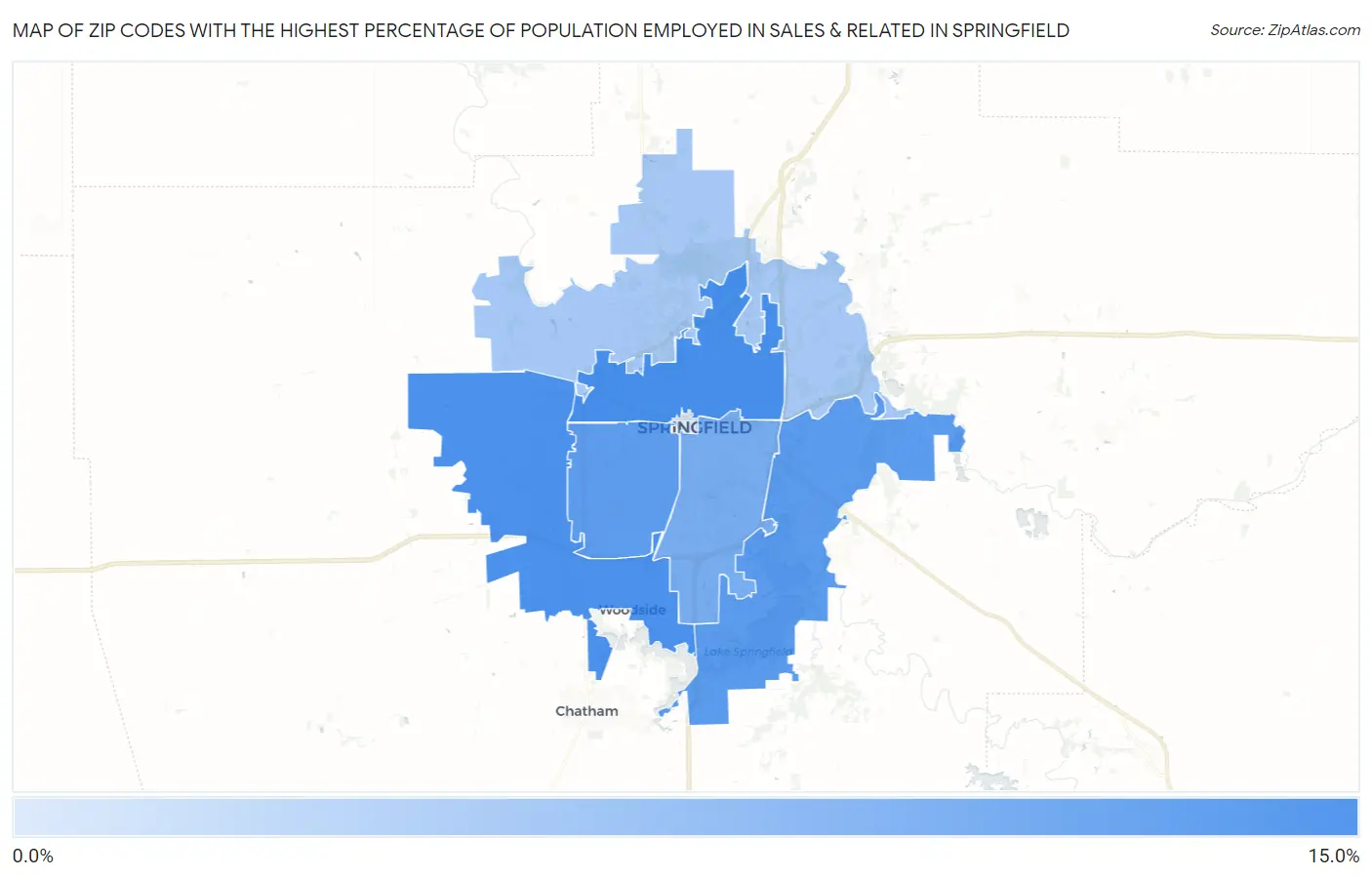 Zip Codes with the Highest Percentage of Population Employed in Sales & Related in Springfield Map