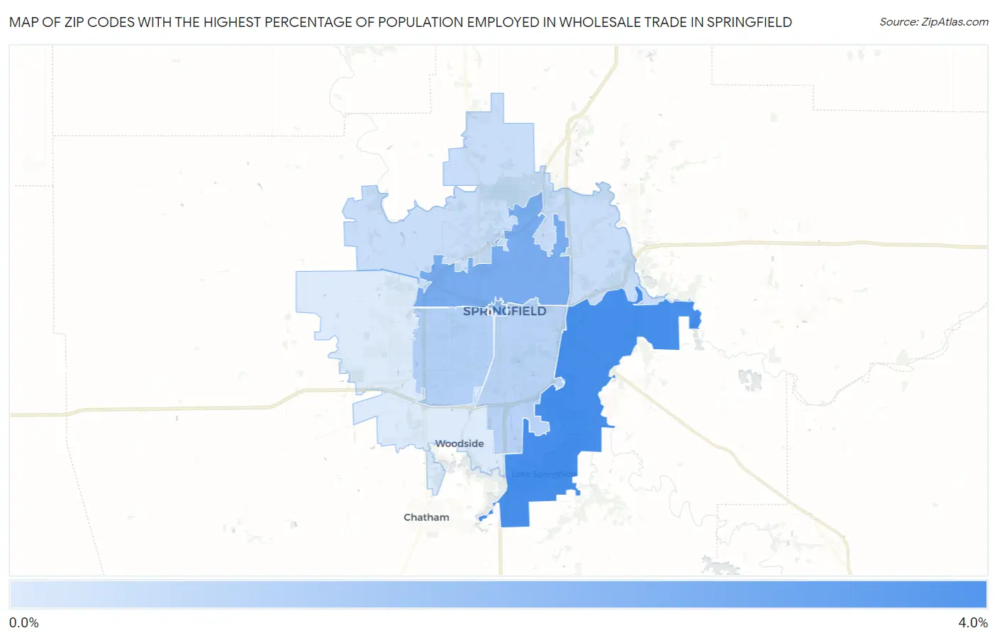 Zip Codes with the Highest Percentage of Population Employed in Wholesale Trade in Springfield Map