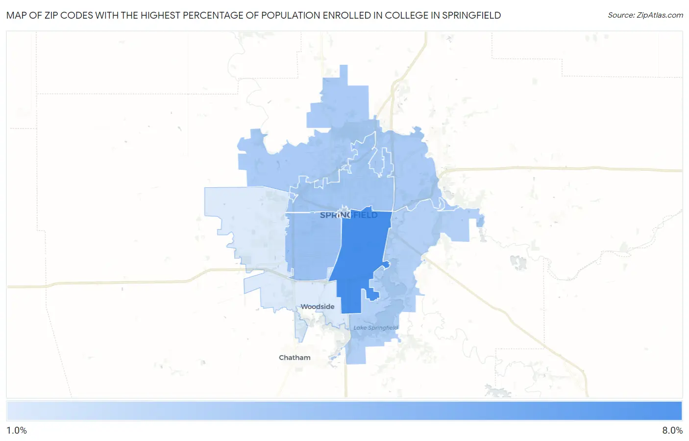 Zip Codes with the Highest Percentage of Population Enrolled in College in Springfield Map