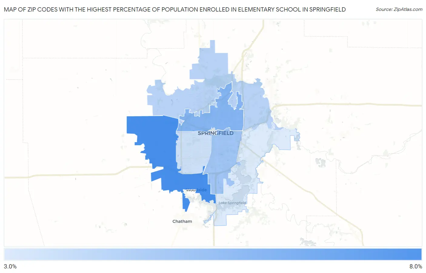 Zip Codes with the Highest Percentage of Population Enrolled in Elementary School in Springfield Map