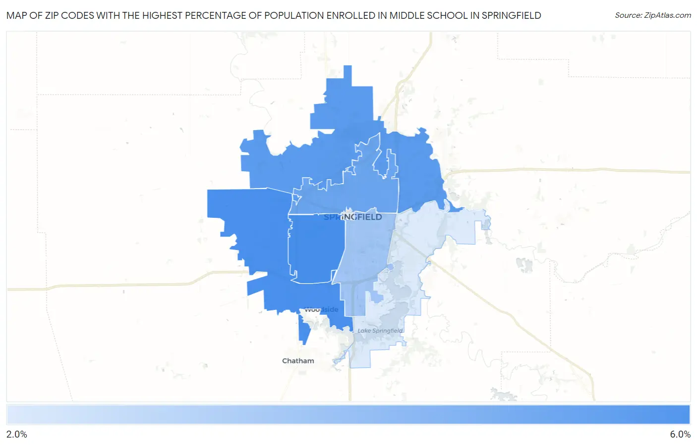 Zip Codes with the Highest Percentage of Population Enrolled in Middle School in Springfield Map