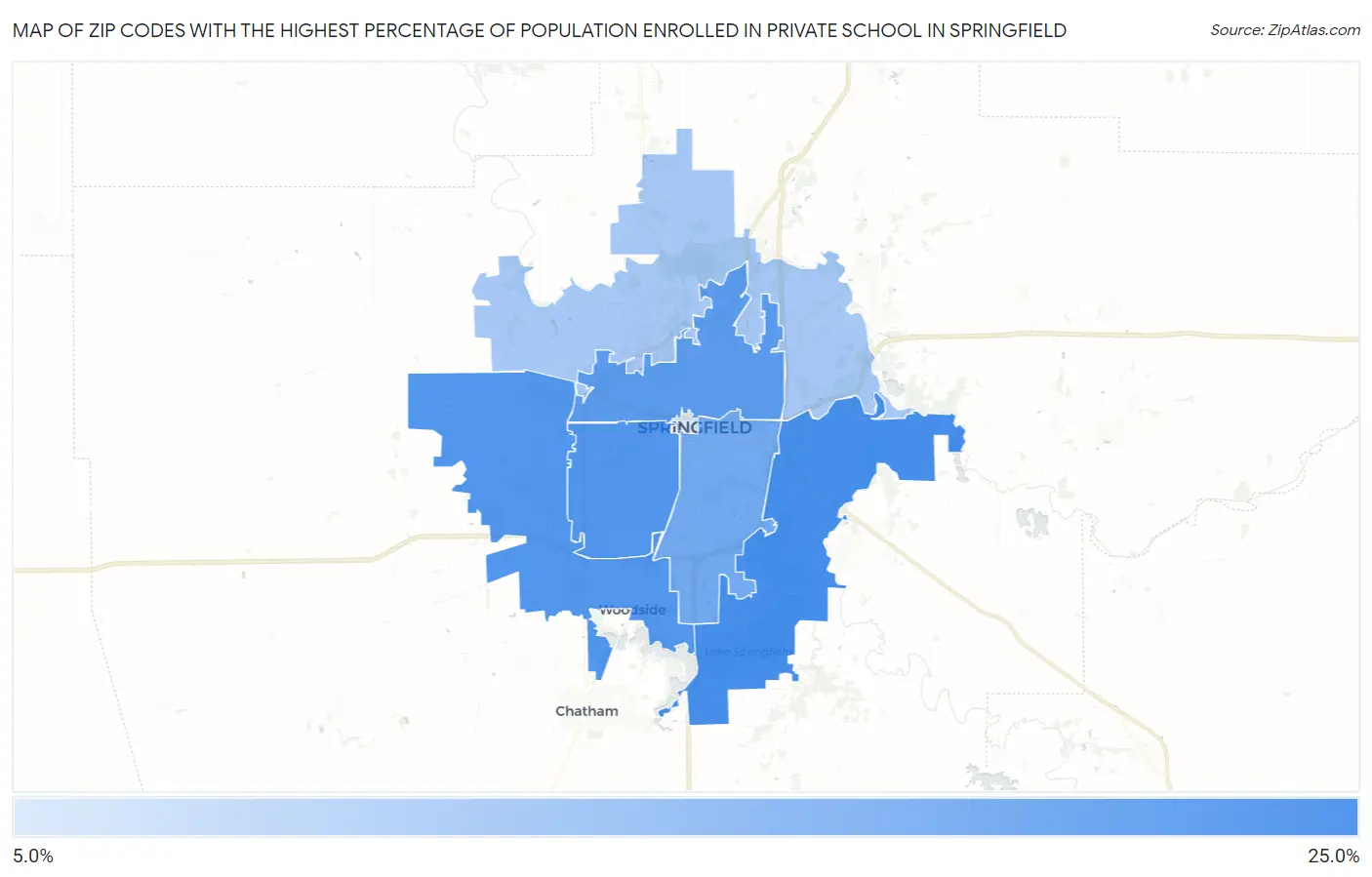 Zip Codes with the Highest Percentage of Population Enrolled in Private School in Springfield Map