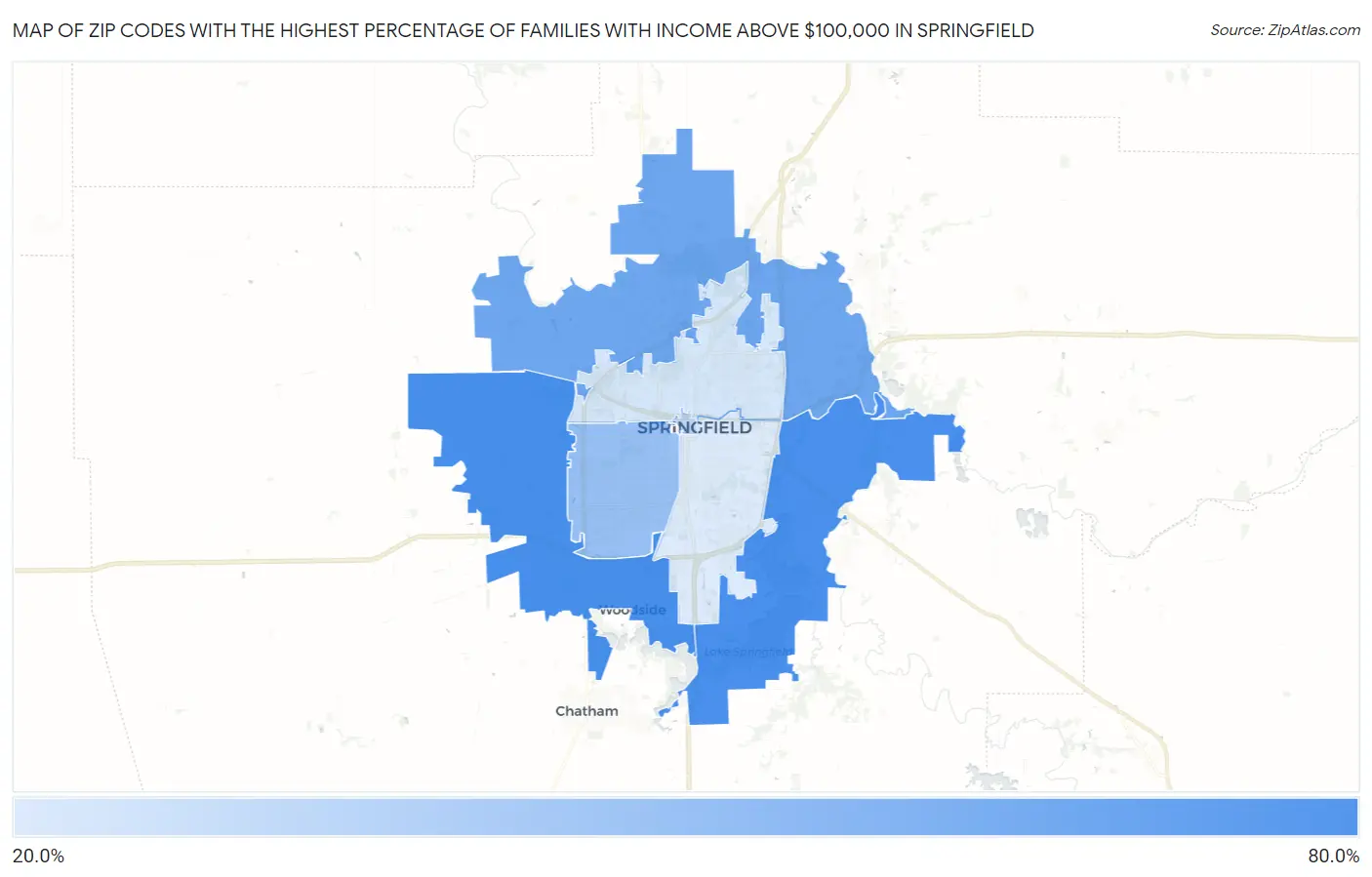 Zip Codes with the Highest Percentage of Families with Income Above $100,000 in Springfield Map