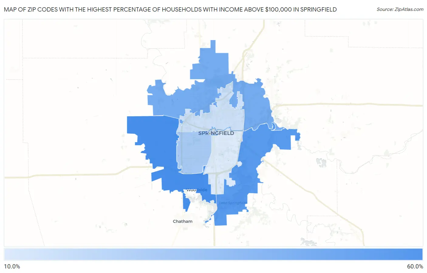 Zip Codes with the Highest Percentage of Households with Income Above $100,000 in Springfield Map